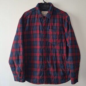 Mens Born Here Flannel Shirt Jacket Lined Quilted Red Blue Plaid Size L Large